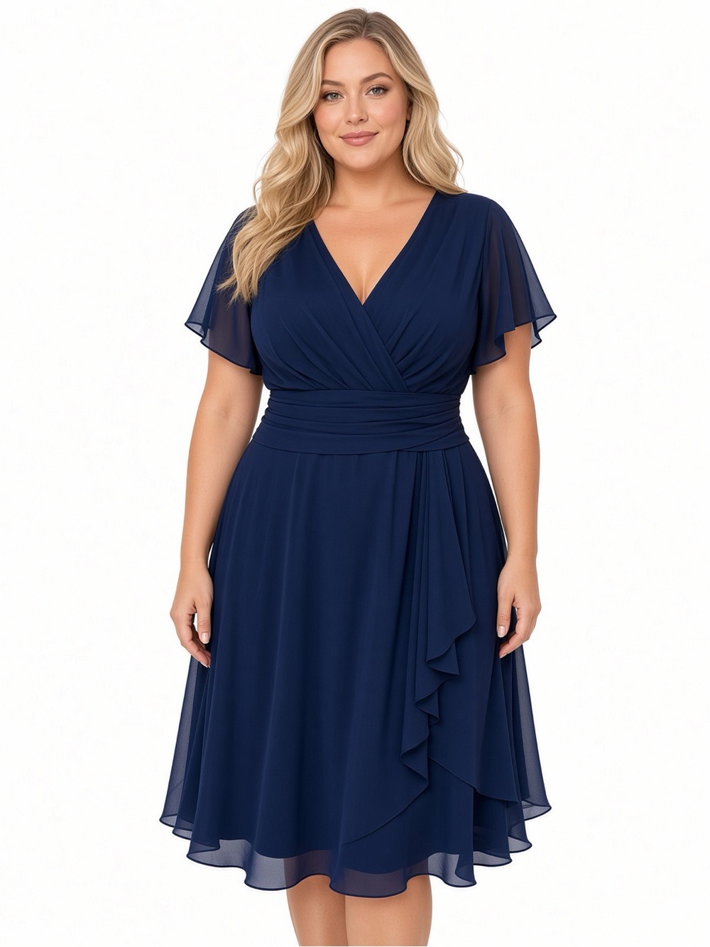 JJ's House A-line V-Neck Knee-Length Chiffon Cocktail Dress Pleated Wst Size 16W